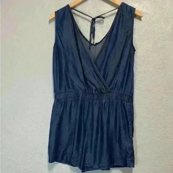 Zara Basic Dark Chambray Romper Tie Back‎ size XS blue denim  Vneck Drop waist - Picture 4 of 6